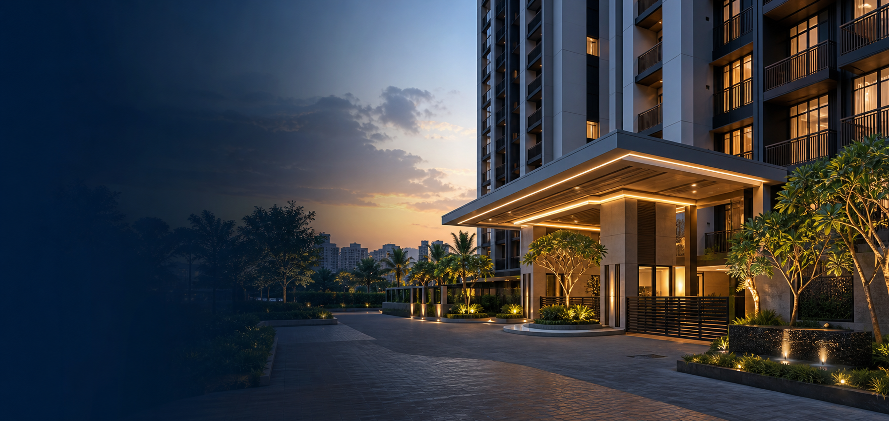 Premium residential building entrance with landscaped driveway